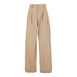 Plain Women Beige Pants With Front Pences And Wide Leg In Cotton Woman